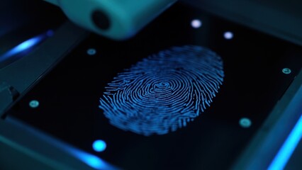 High tech glowing fingerprint on digital scanner in dark lab, symbolizing cybersecurity, identity verification, biometric access control and forensic investigation.