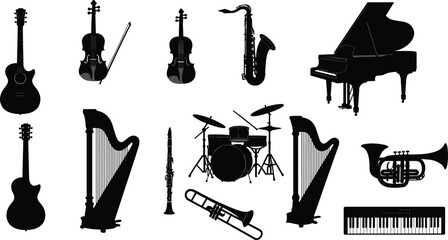 Music, silhouette, instruments, guitar, piano, violin, cello, saxophone, harp, trumpet, drum, keyboard, clarinet, horn, orchestra, band, black, icon, sound, performance © Moyuri