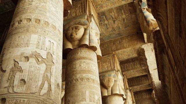 The interior of the temple in Dendera or the temple of Hathor. Ancient hieroglyphic carvings in the temple. An ancient Egyptian landmark in the vicinity of the city of Kena.