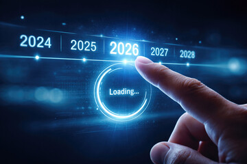 Finger touching a 2026 button on a futuristic loading screen with a bright blue glow, symbolizing the anticipation and progress towards the new year.