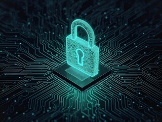 Glowing blue lock on microchip for cybersecurity and data protection