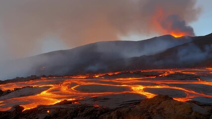 Dramatic active lava flow at twilight with volcanic eruption on the mountain peak showcasing powerful molten rock rivers and smoke plumes