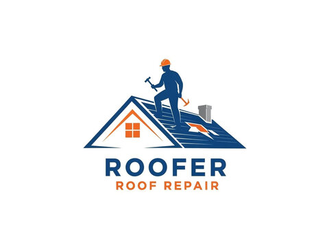 Roofer Logo &ndash; Stylized Roof Repair Illustration with Worker and Tools