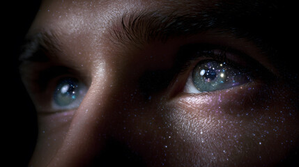 Cosmic Gaze: A close-up shot of two captivating eyes, mirroring a universe of introspection, with each iris reflecting a mesmerizing constellation.