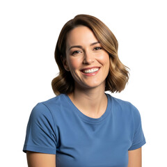 Fototapeta premium This is a stock photo of a smiling woman wearing a blue t-shirt. The image has a transparent background, making it suitable for various uses