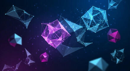 Vibrant geometric shapes floating in space with purple and blue hues