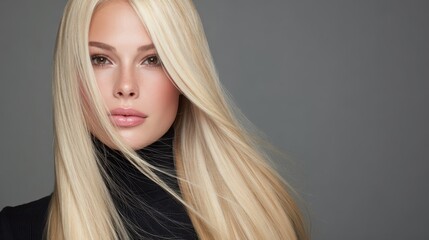Fototapeta premium Blonde woman posing with long healthy hair flowing, moving beautifully around her face, showing smooth perfect texture and shiny color, representing beauty, hair care, and styling