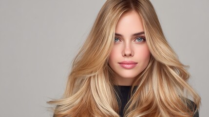Naklejka premium Blonde woman with bright blue eyes, flawless skin, and voluminous wavy hair posing for a cosmetic and hair care promotional image, displaying natural beauty and elegance