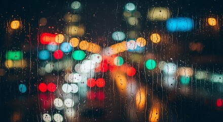 Abstract night city lights bokeh seen through a window covered with raindrops, featuring vibrant red, yellow, and blue colors
