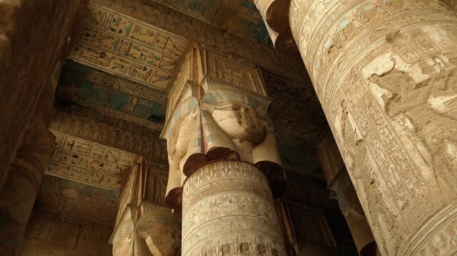 The interior of the temple in Dendera or the temple of Hathor. Ancient hieroglyphic carvings in the temple. An ancient Egyptian landmark in the vicinity of the city of Kena.