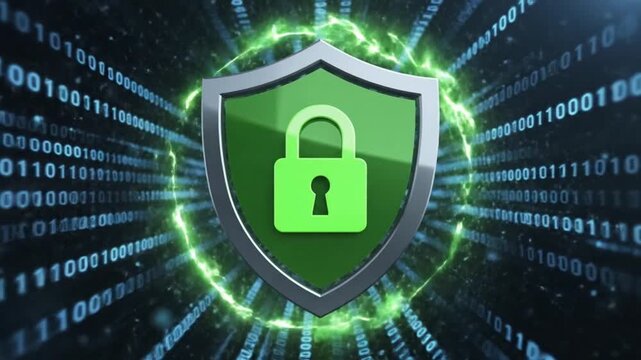 Digital shield with glowing lock on binary code background, representing cybersecurity and data protection