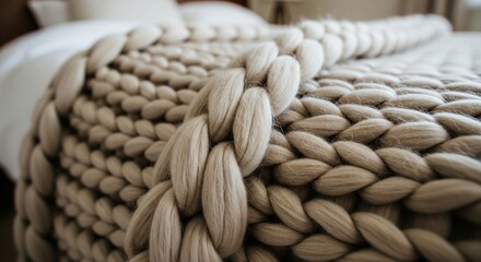 Close-up of a thick, beige chunky knit wool blanket with a large braid pattern draped over a bed in a bright room