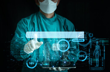 Doctor using a digital tablet and futuristic holographic interface to analyze medical data and city planning, diagnostics, telehealth, smart city development, and high-tech healthcare innovation.
