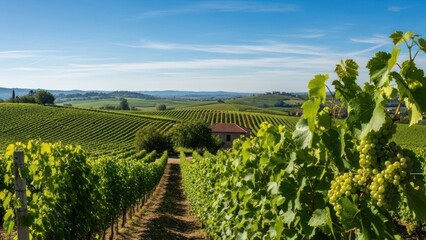 Naklejka premium Serene view of lush green vineyard rows under a bright blue sky in a scenic countryside landscape