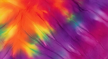 Vibrant tie dye fabric texture background with swirling bright colors like orange, yellow, pink, and purple