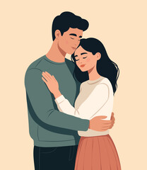 Obraz premium Vector illustration of a loving couple, man and woman, tenderly embracing with their eyes closed, symbol trust, love, support. For Valentine's Day projects, family psychology, healthy relationships