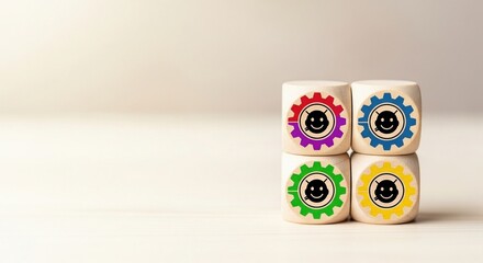 Colorful gear icons on wooden blocks representing teamwork process