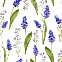 Obraz premium Seamless watercolor pattern with small blue and lilac spring flowers on a white background. Hand drawn.