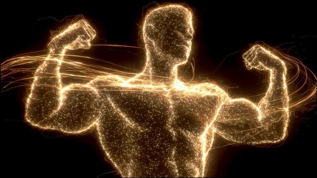 Glowing golden particle bodybuilder flexing muscular arms made of energy on blackd