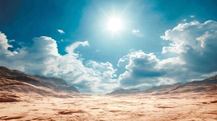 Barren desert landscape stretching under a bright sun and blue sky with white clouds, representing wilderness and heat