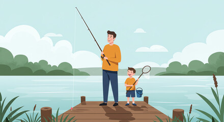 Father and son fishing by the lake