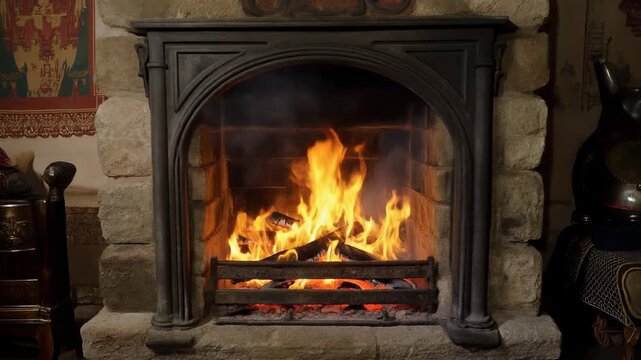 Cozy traditional stone fireplace with roaring fire and glowing logs providing warmth and comfort on a cold evening in a rustic or historic interior.