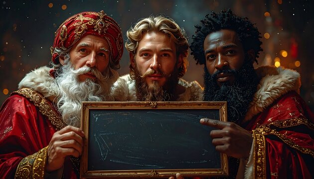 Tres Reyes Magos con coronas doradas y t&uacute;nicas elegantes posan sonrientes sosteniendo una pizarra vac&iacute;a, en una escena navide&ntilde;a m&aacute;gica bajo un cielo nocturno iluminado.