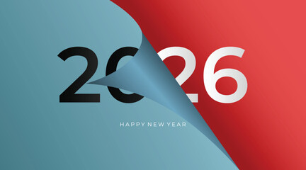 A striking 2026 New Year card-style image featuring a blue and red diagonal split, a peeled page corner, bold typography, and modern minimal visuals. Ideal for holiday campaigns, greetings.