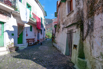 A narrow street among the old houses of Raviscanina, a small town in the province of Caserta, Italy.