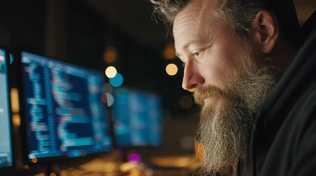 Man coding on dual monitors as the camera slowly tilts from glowing screens to his focused face, capturing concentration, problem-solving and modern software development workflow.
