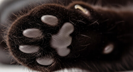 Macro view of black cat paw pads (beans) showing texture and dark fur.