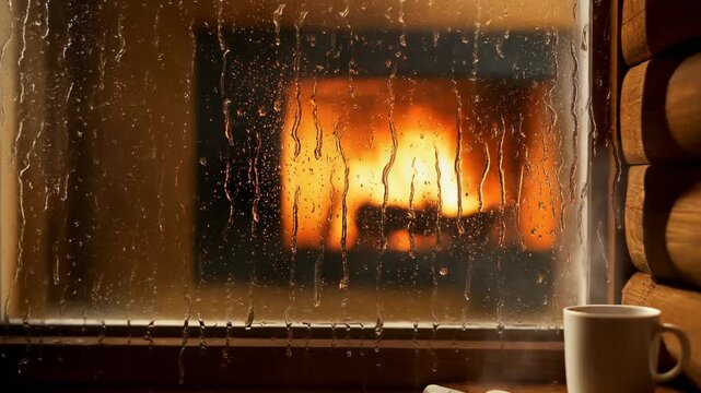 Rainy day cozy scene: Hot drink on the windowsill with raindrops and a warm fireplace burning in the background of a rustic log cabin.
