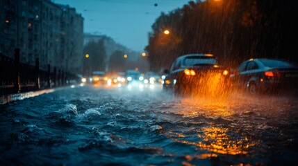Heavy rainfall flooding city street at night, cars driving through deep puddles, urban traffic during storm