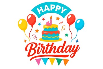 Happy Birthday Celebration Illustration with Cake, Balloons and Decorative Elements Isolated on White Background