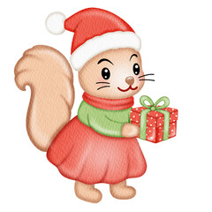 Cute Woodland squirrel Christmas Watercolor.