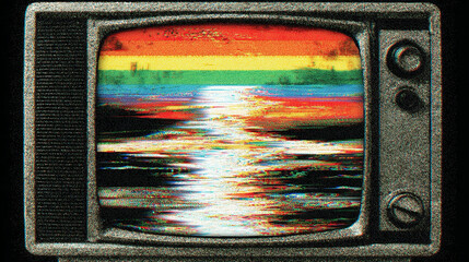 Vintage TV screen displays vibrant rainbow colored sunset over water