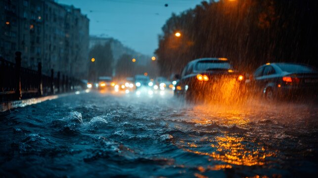Heavy rainfall flooding city street at night, cars driving through deep puddles, urban traffic during storm