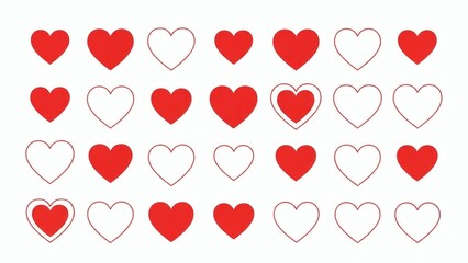 Collection of red and white heart shapes in various styles