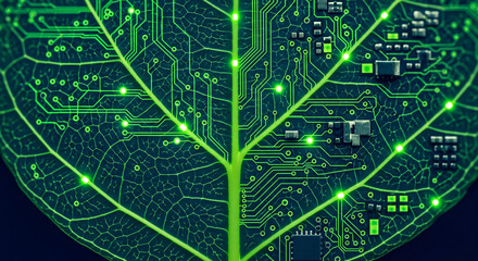 Concept art of a green leaf with glowing circuit board patterns and microchips representing bionics and green technology