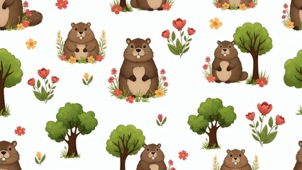 Fototapeta premium Cute beaver pattern with flowers and trees on white background