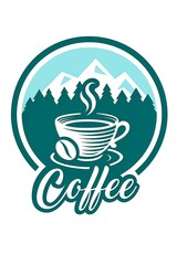 Coffee Logo Design with Cup and Mountain Emblem Isolated on White Background
