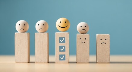 A series of wooden figures expressing various emotions, highlighting a positive smiley face among neutral and sad faces, symbolizing emotional evaluation.