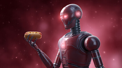 Robot with Hotdog: A futuristic robot, bathed in a red hue, extends a mechanical hand to offer a warm hotdog, symbolizing the unexpected fusion of technology and comfort.
