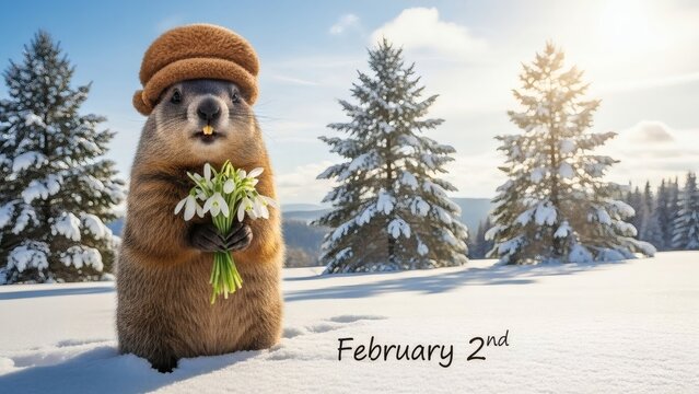 Groundhog standing in snowy landscape on february 2nd