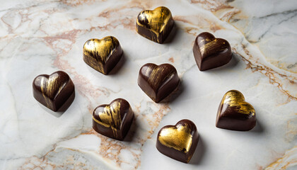 Luxurious gold and dark chocolate heart candies on marble