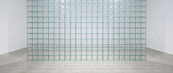 Elegant studio backdrop, Lightfilled space with modular glass panels, Calm and versatile setting featuring translucent glass and subtle design elements for diverse uses