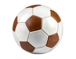 Classic brown and white pentagon-paneled ball on black