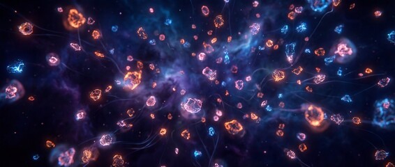 Cells emitting light move through cosmic darkness evoking mystery, Illuminated tiny cells drift across universe suggesting advanced scientific exploration and technology