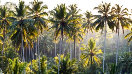 Obraz premium Golden light highlighting an extensive palm tree forest at sunrise, tropical nature and lush green vegetation