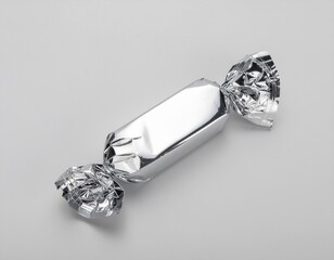 Shiny silver foil wrapped candy on gray